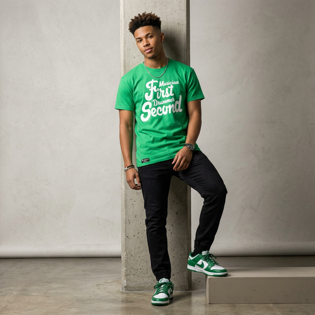 MUSICIAN FIRST DRUMMER SECOND TEE(KELLY GREEN/WHITE)