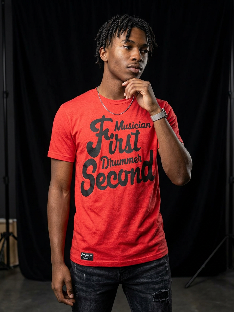 MUSICIAN FIRST DRUMMER SECOND TEE(RED/BLACK)